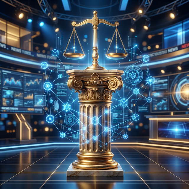 Visualization of a pillar of justice integrating with a blockchain network