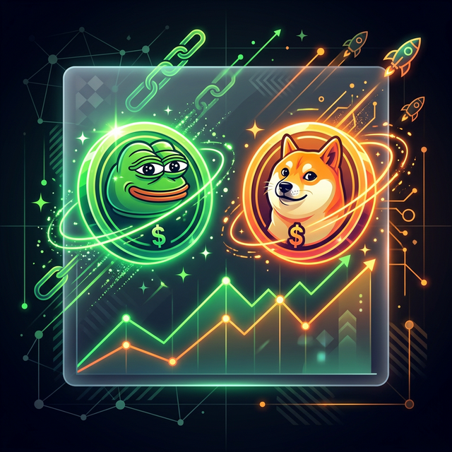 Modern neon-lit vector illustration of Dogecoin and Pepe characters