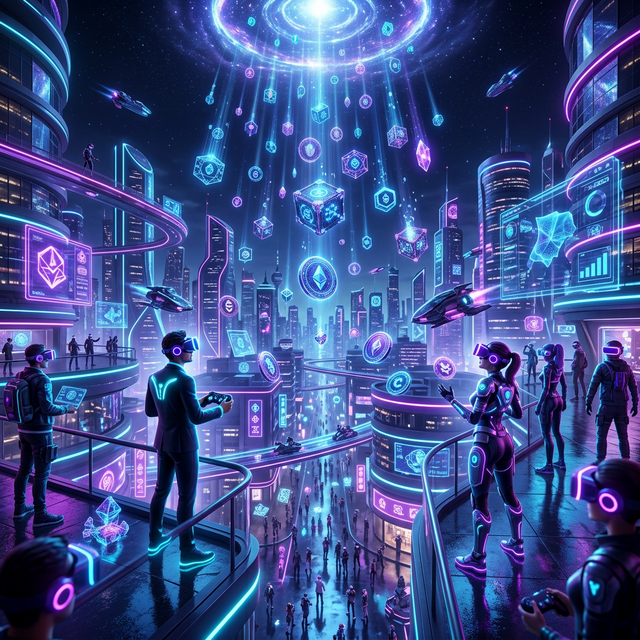 Futuristic cityscape blending virtual reality and Web3 worlds